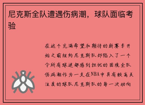 尼克斯全队遭遇伤病潮，球队面临考验